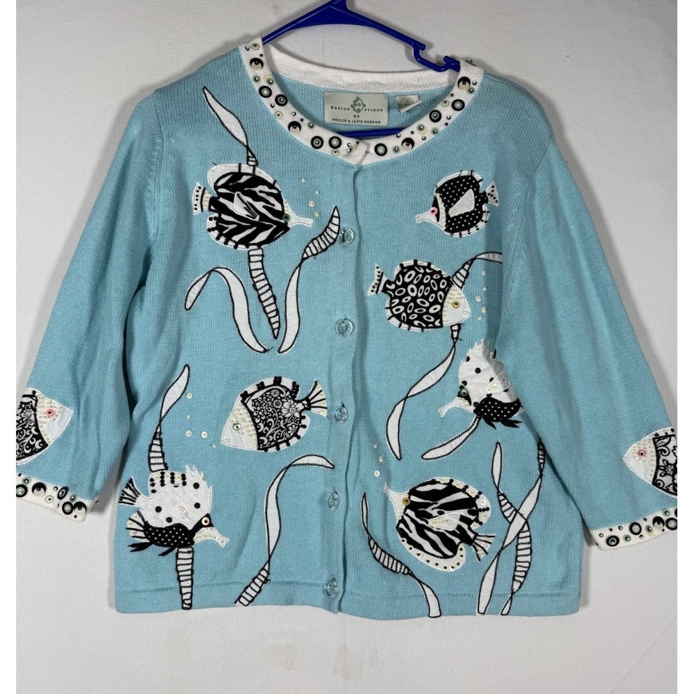 VTG Design Options Philip & Jane Gordon Cardigan Sweater Large Aquatic Fish